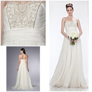 Theia Ivory Silk Organze Beaded Embellished Strapless Gown Wedding Dress​​​​​